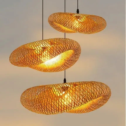 Woven bamboo straw hat-shaped hanging lamp chandelier in natural material showing textured ceiling pendant light fixture