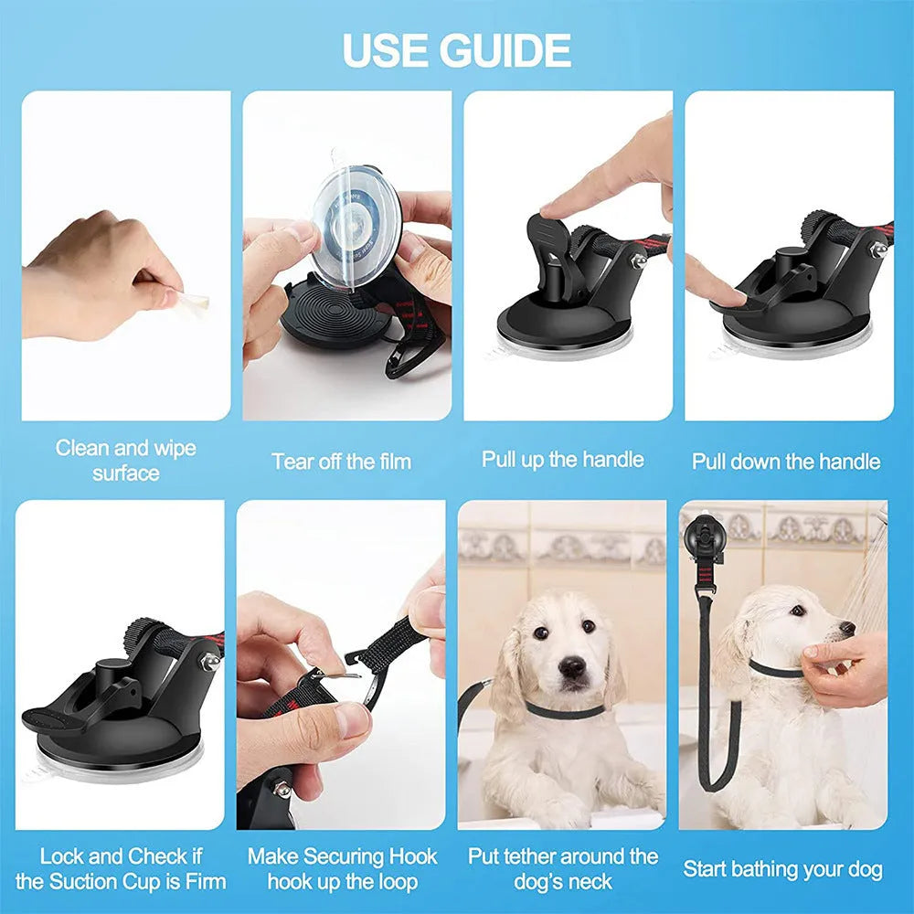 Pet bath restraint kit with four blue suction cup handcuffs and a connecting rope on bathroom tiles.