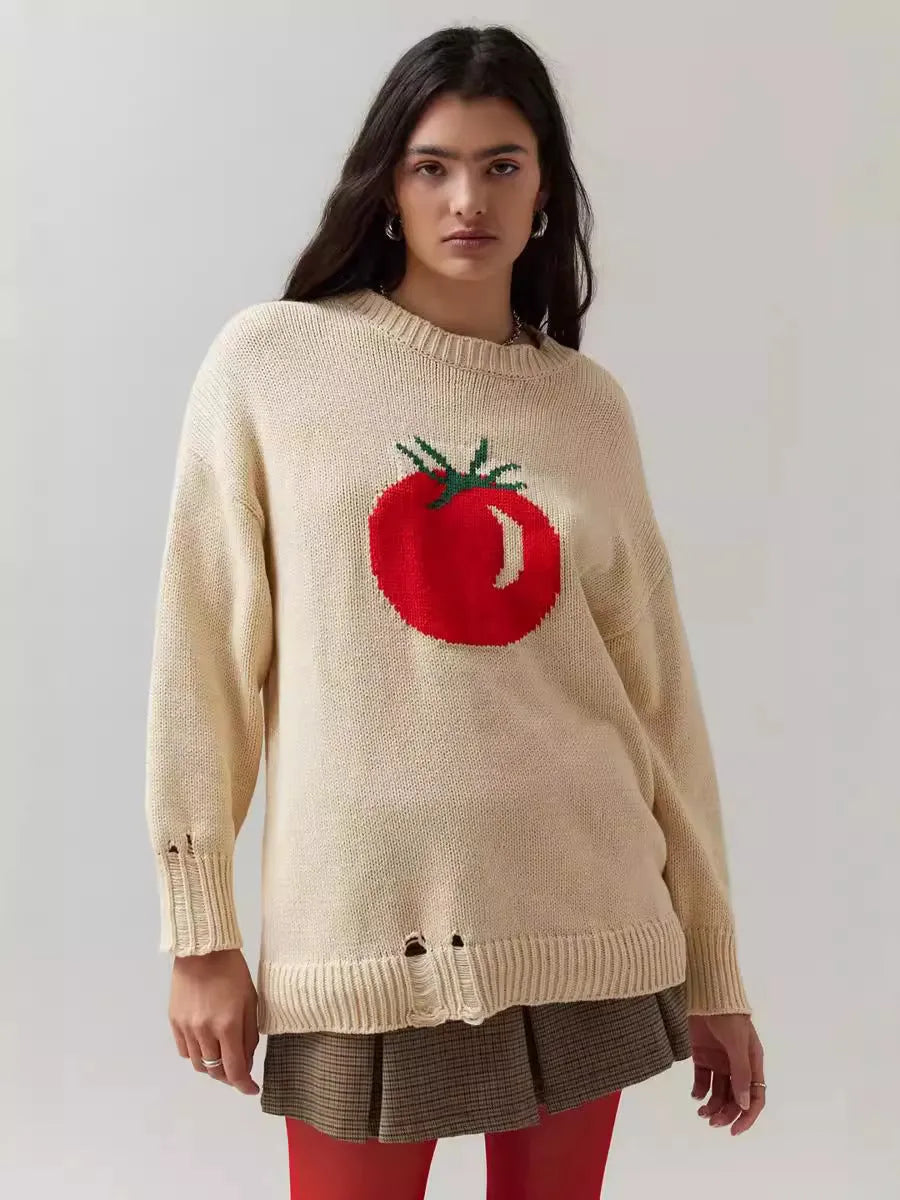 Women's milky white acrylic jacquard pullover sweater with round neck and loose fit