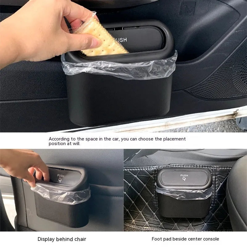 Black car seat mounted folding trash can with waterproof plastic construction