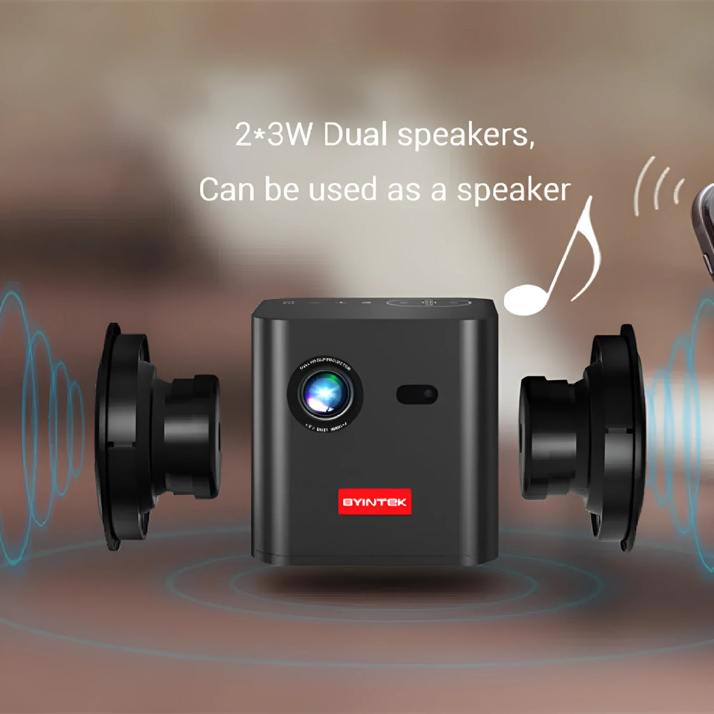 P19 mini DLP projector 82mm x 80mm x 80mm with Android 9.0, 7800mAh battery, and 30-200 inch screen