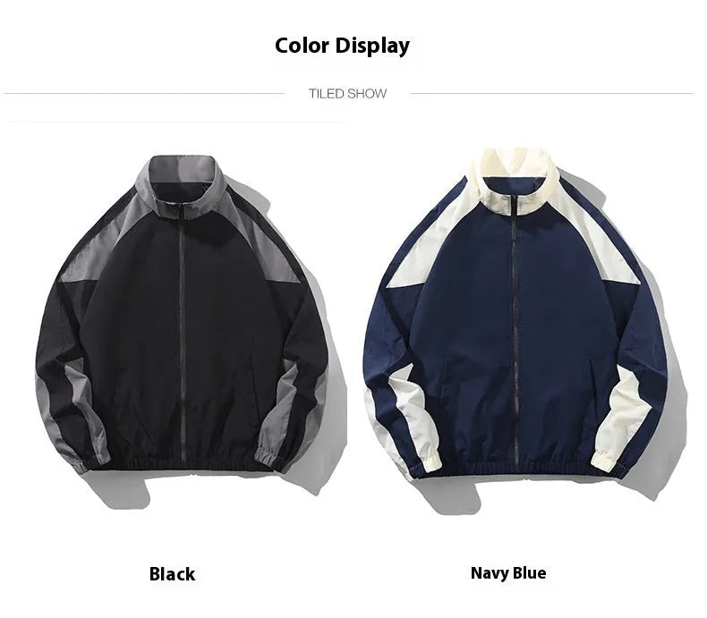 Men's black casual jacket with contrast stitching and side seam pockets, shown on a model.