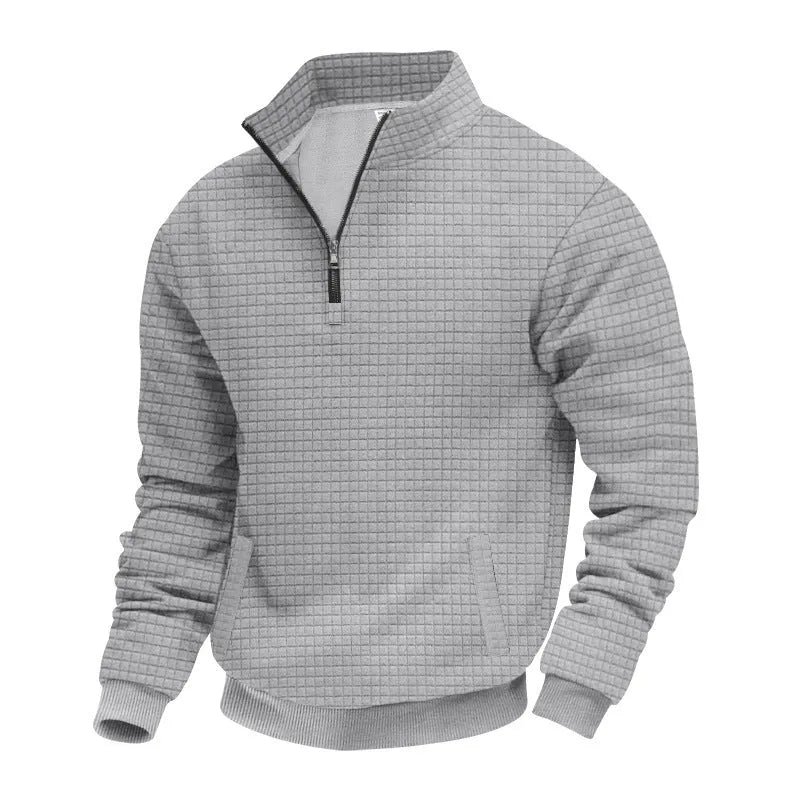 Men's grey stand-up collar long sleeve jacquard small check sweatshirt with side seam pockets