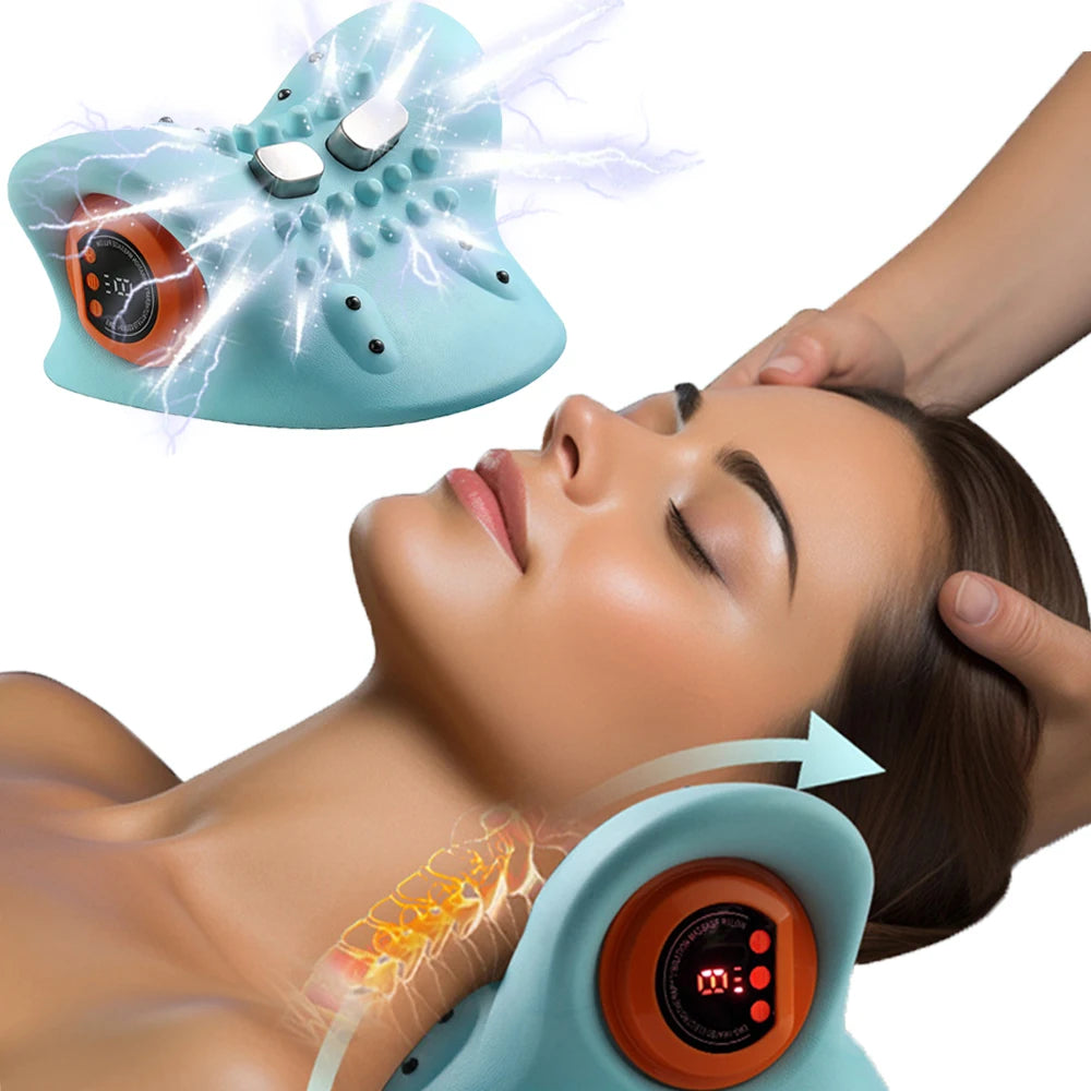 Innovative Heated Neck Massager & Cervical Traction Pillow - Portable Acupuncture Support for Spine Relief with 6 Intensity Levels