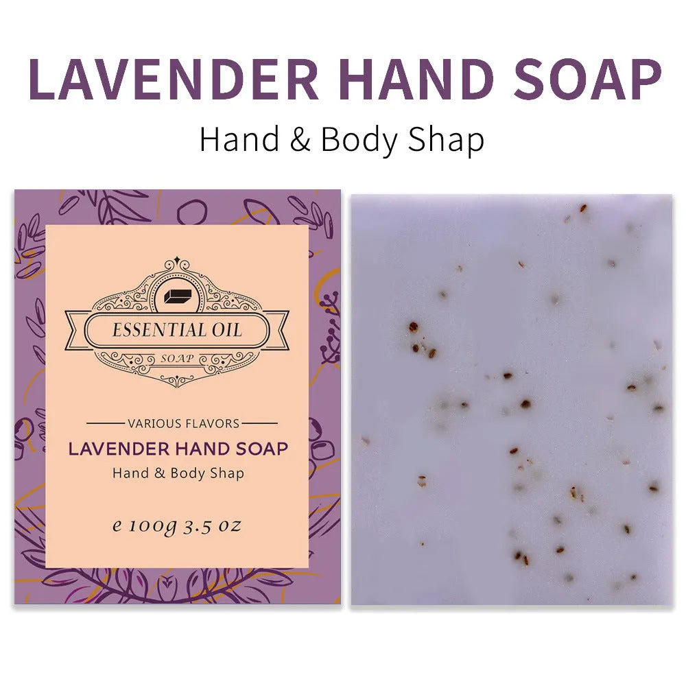 Handmade plant essential oil soap bar with frosted texture showing coconut green tea lavender rose scent options