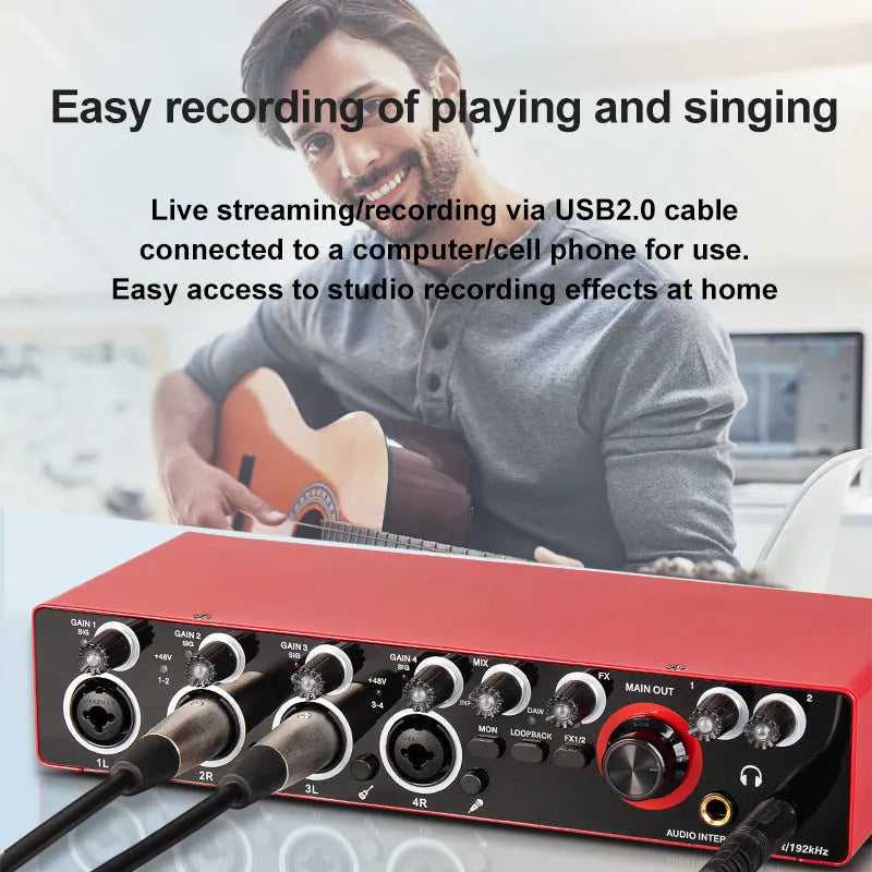 MD44 driver-free external sound card with Cannon and 6.5 interfaces, available in black or red, with connection cables