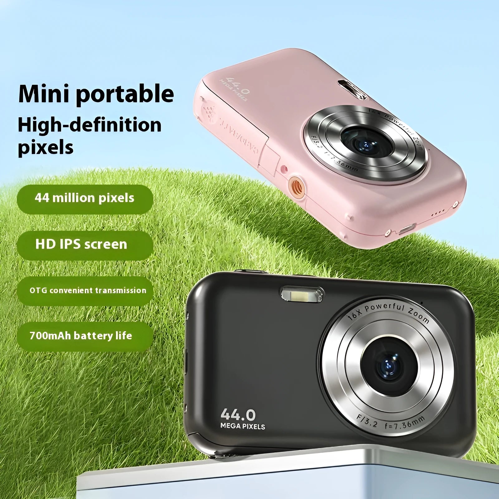 Colourful children's digital camera showing 2.4-inch screen, available in black, green, pink, and purple.