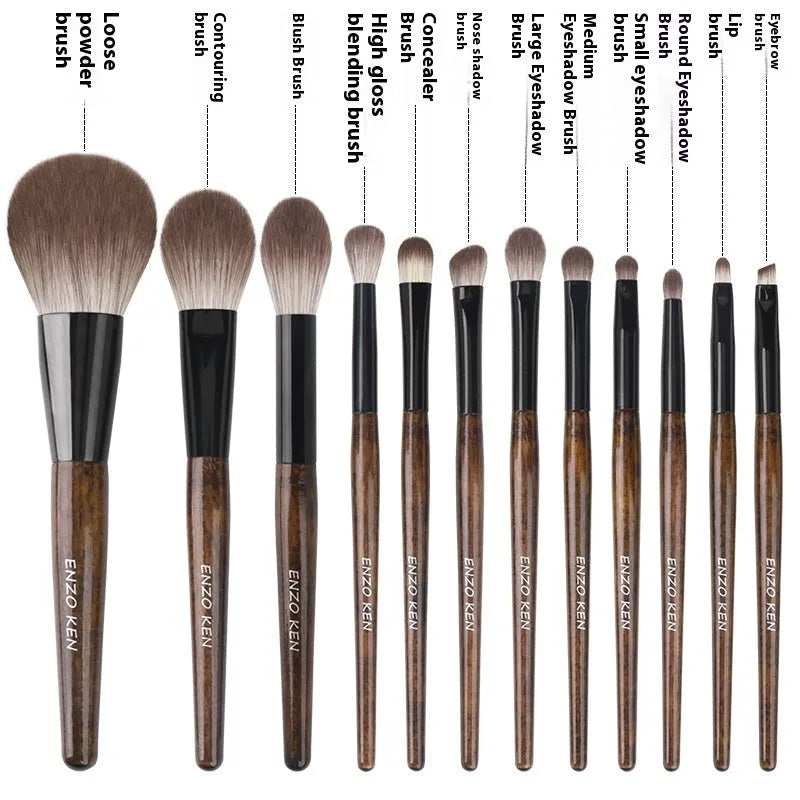 12-piece makeup brush set with wooden handles in a grey PU zip case