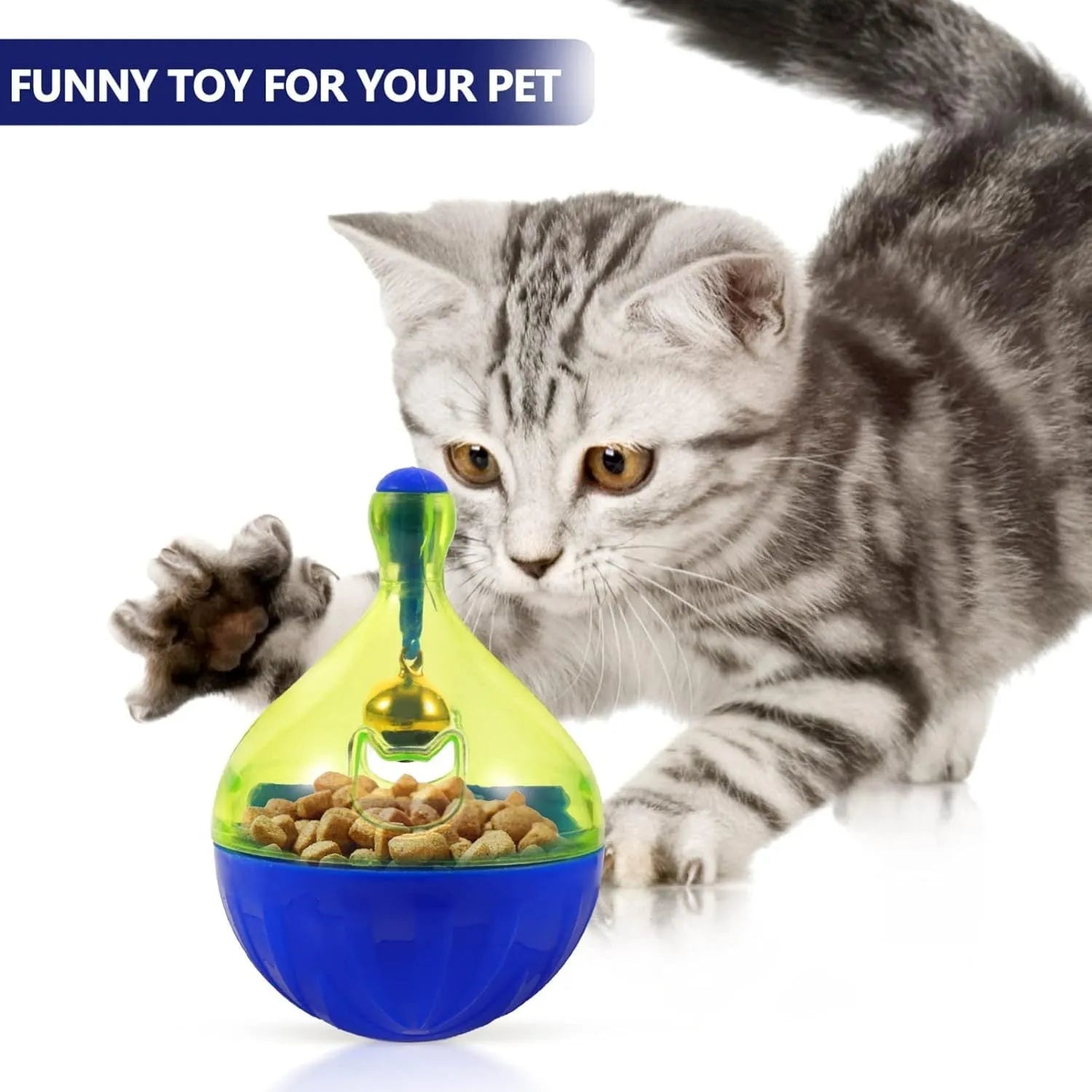 Blue and white tumbler-shaped pet treat dispenser toy on a wooden floor.