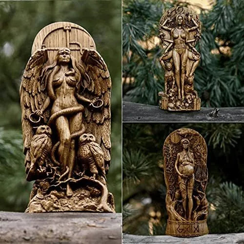 Hand-finished resin statue of a Greek goddess, 22cm tall, showing detailed drapery carving on a 9cm base.