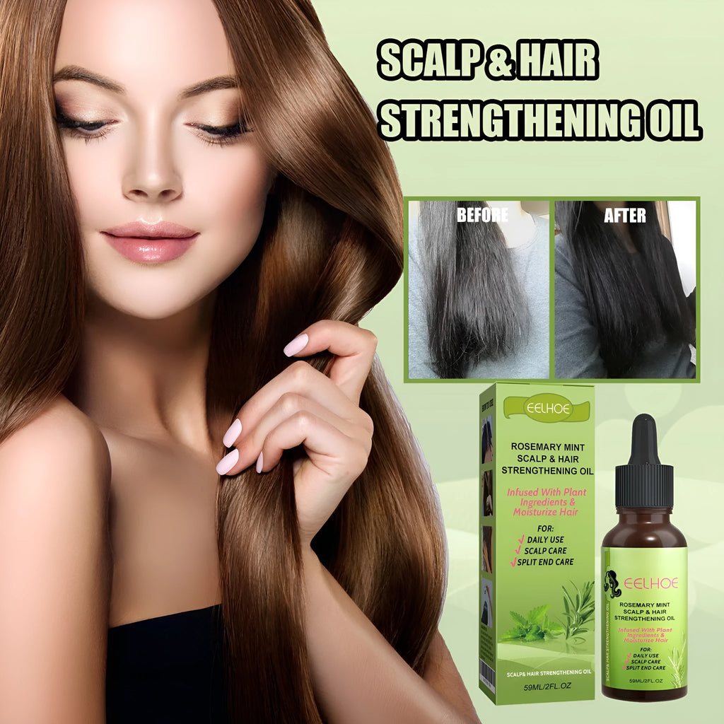 Rosemary mint hair growth fluid 59ml set in a clear bottle with a black cap, shown alongside a pipette