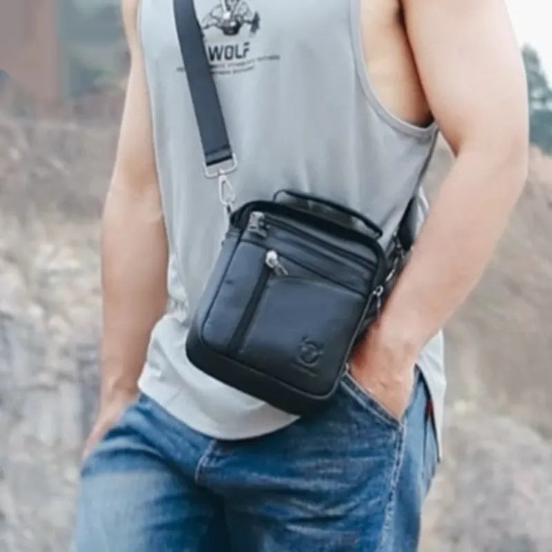Black genuine leather men's shoulder messenger bag with retro style for business and travel