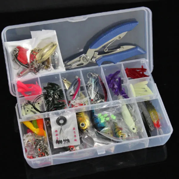 132-piece fishing lure suit set with rose red lures and hooks in storage case