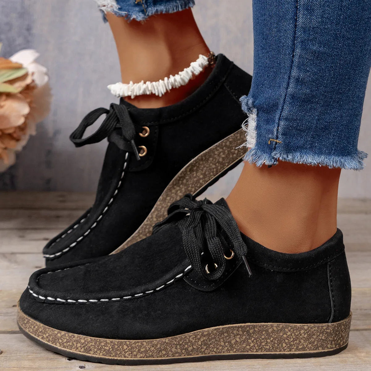 Solid colour black front lace-up round toe women's leisure flat shoes