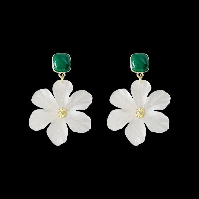 Dark green alloy needle flowers sweet earrings with floral charm design for women