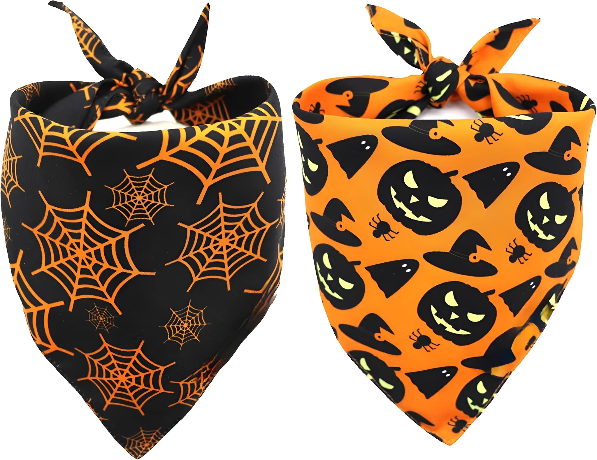 Reversible Halloween dog bandana showing pumpkin design on one side and spider web pattern on the other