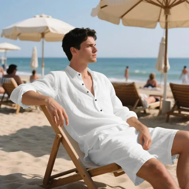 Men's linen beach suit showing long sleeve shirt and matching shorts in light blue colour