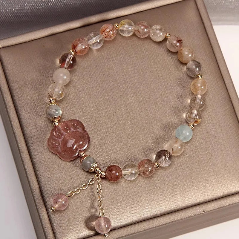 Coloured hair crystal bracelet with single circle design and chosen charm: cat's paw, purse, flower, or zircon butterfly