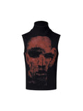 Black half turtleneck sleeveless t-shirt with character pattern print in slim Korean style fit