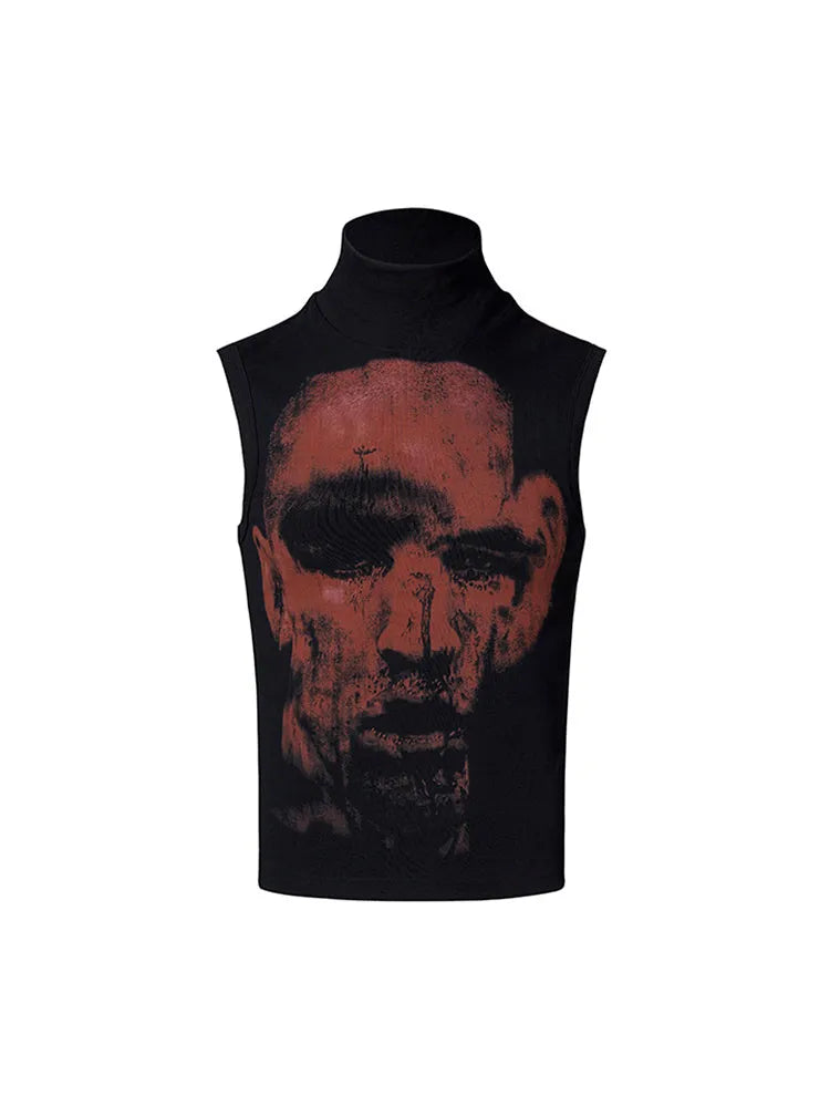 Black half turtleneck sleeveless t-shirt with character pattern print in slim Korean style fit