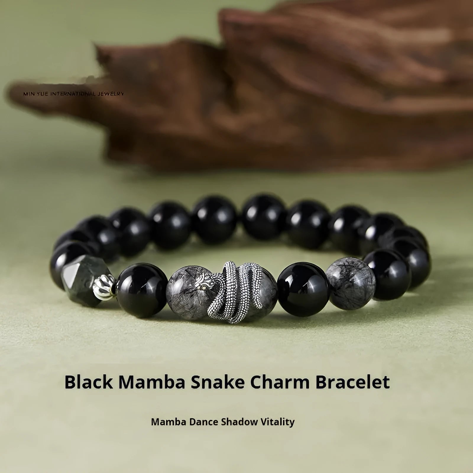 Men's S925 sterling silver snake bracelet with obsidian black hair crystal and retro zodiac design