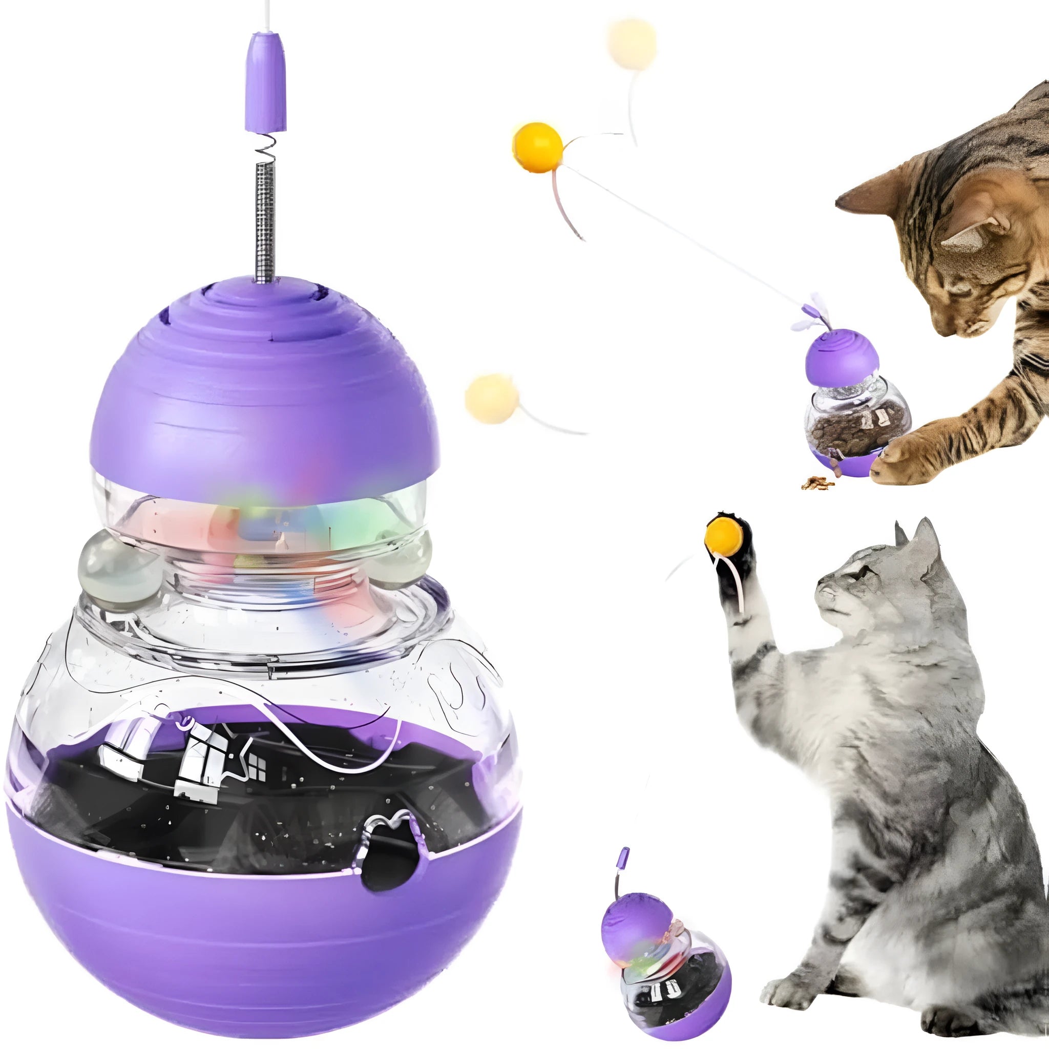Electric yellow interactive cat toy with rocking base, teaser wand, and slow feeder dispenser