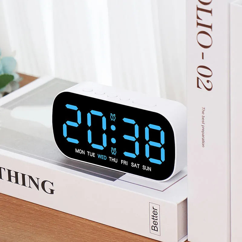LED digital alarm clock with slim 10mm plastic shell in five colours including white, rose red, green, blue, yellow