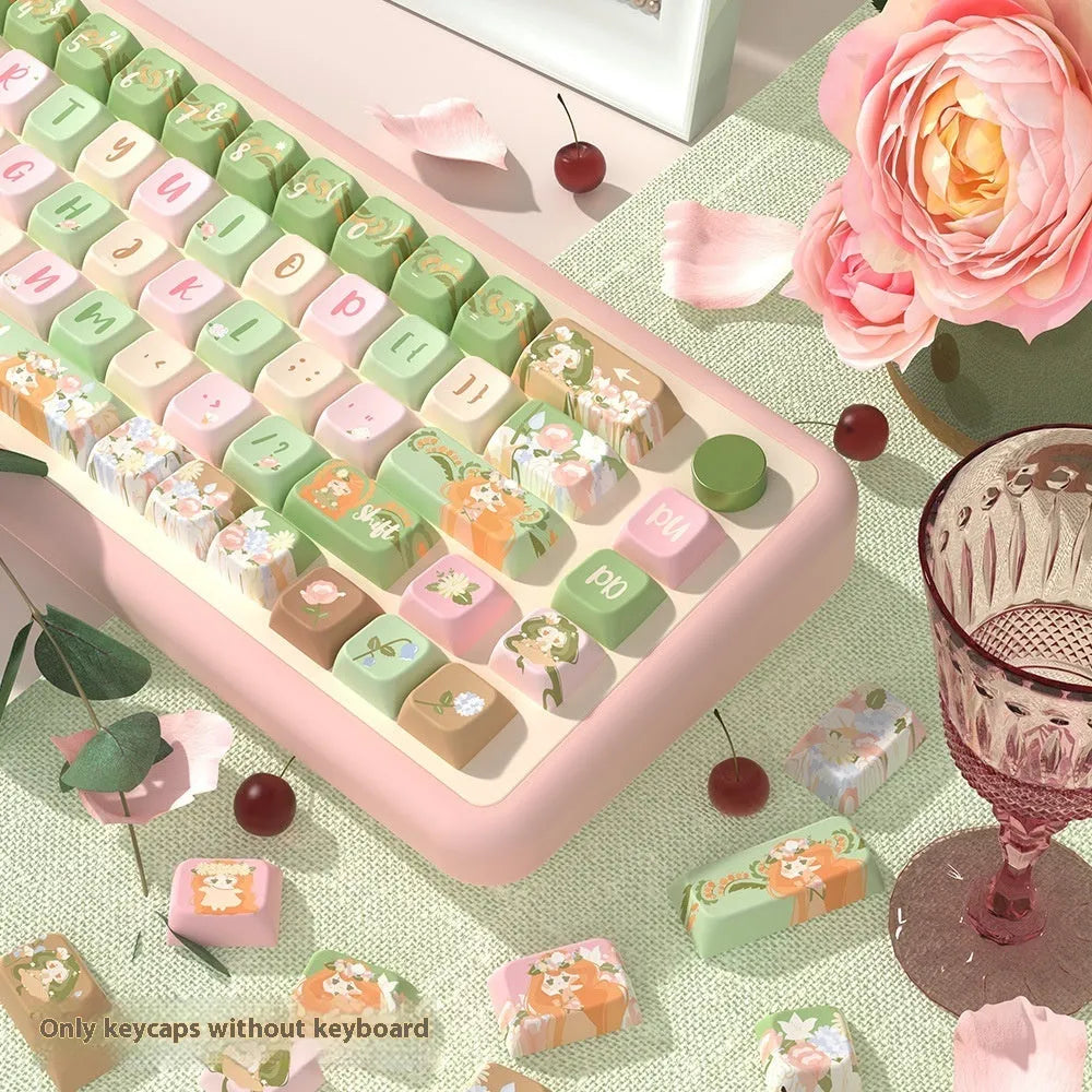 Mu Xia Garden Summer Garden themed PBT sublimation key cap set for mechanical keyboards, showing 138-key and 158-key layout options.