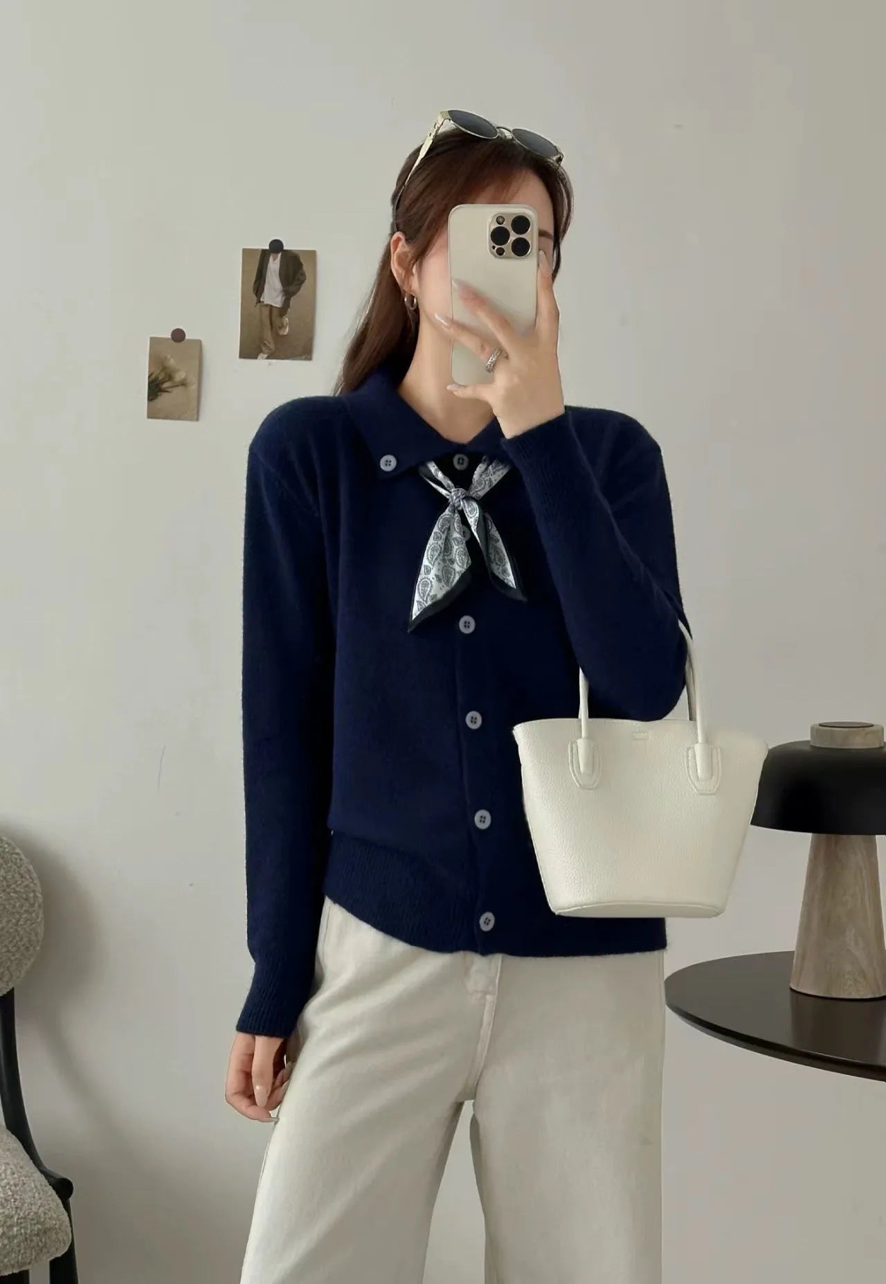 Lapel scarf sweater cardigan in acrylic knit, shown in milky white with splicing detail and long sleeves.
