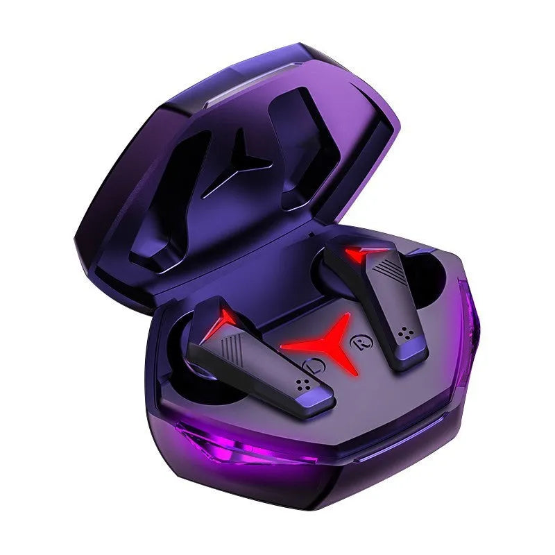 Black wireless Bluetooth in-ear headset with charging cable on a dark surface