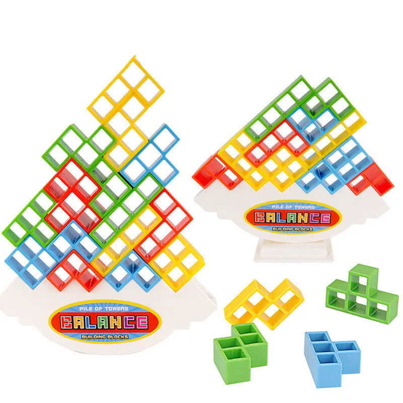 Plastic balance stacking game with colourful building blocks on chassis for family play