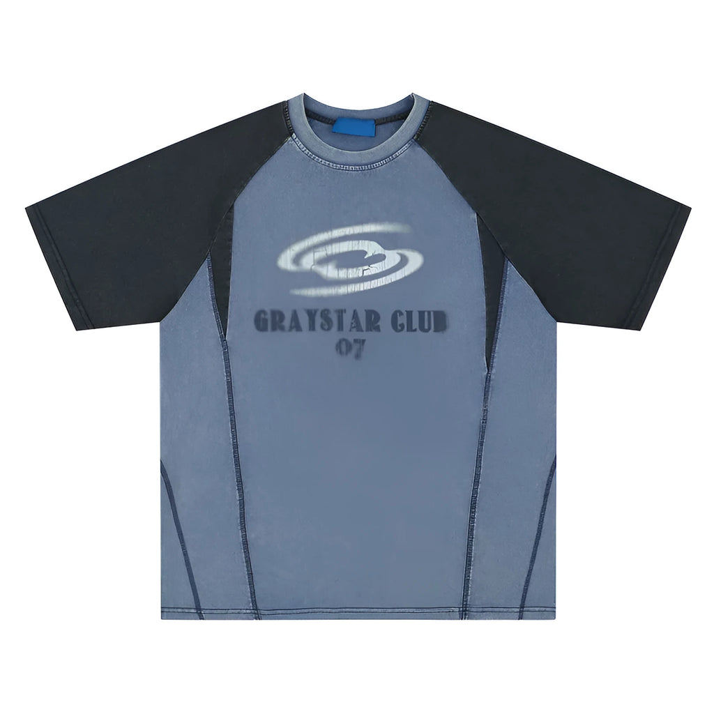 Men's blue hip hop letter print T-shirt with raglan sleeves, loose fit casual top