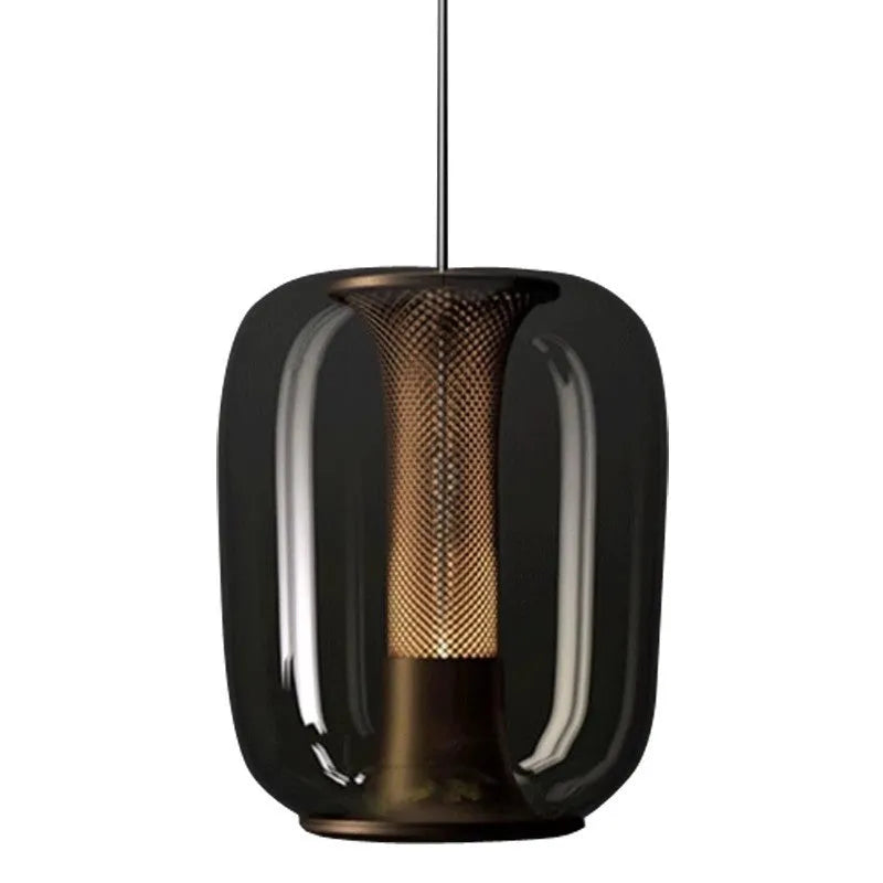 Minimalist Nordic glass chandelier pendant light in clear, cognac, or smoky grey, 16cm wide.