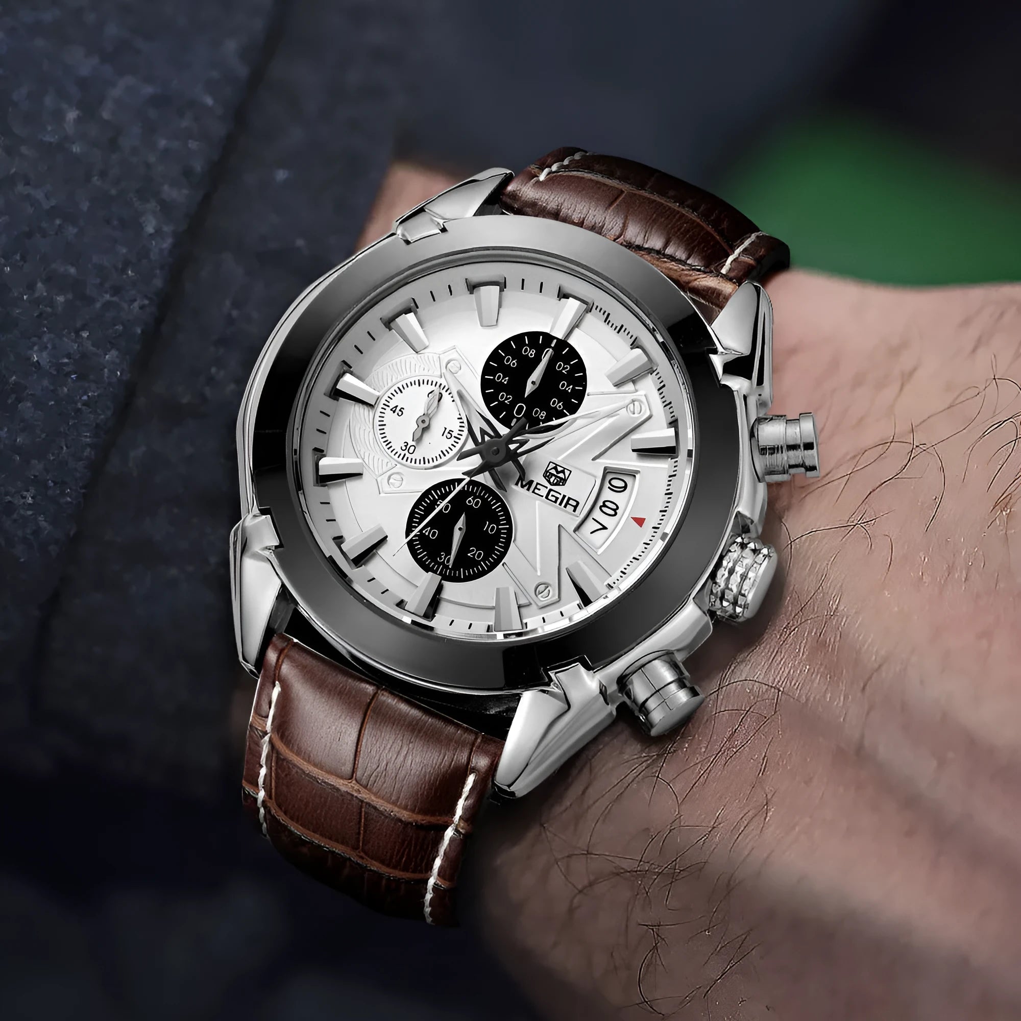 Men's multifunctional quartz chronograph watch with three subdials on a black or brown dial.