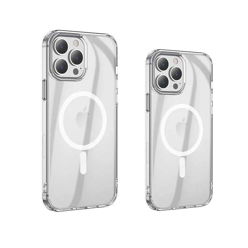 Transparent MagSafe magnetic protective case for Apple iPhone 13 smartphone.