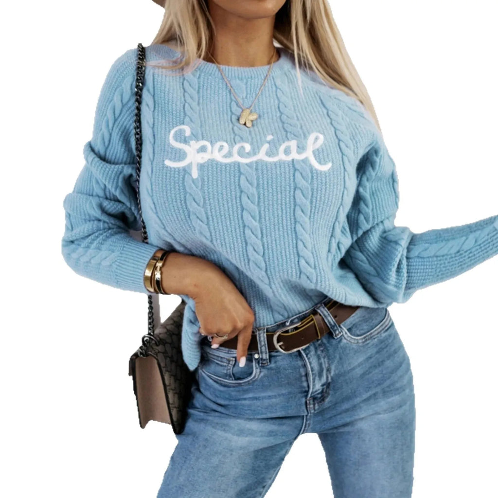 Blue leisure pullover with embroidered letter text design, crew neck street fashion knitwear