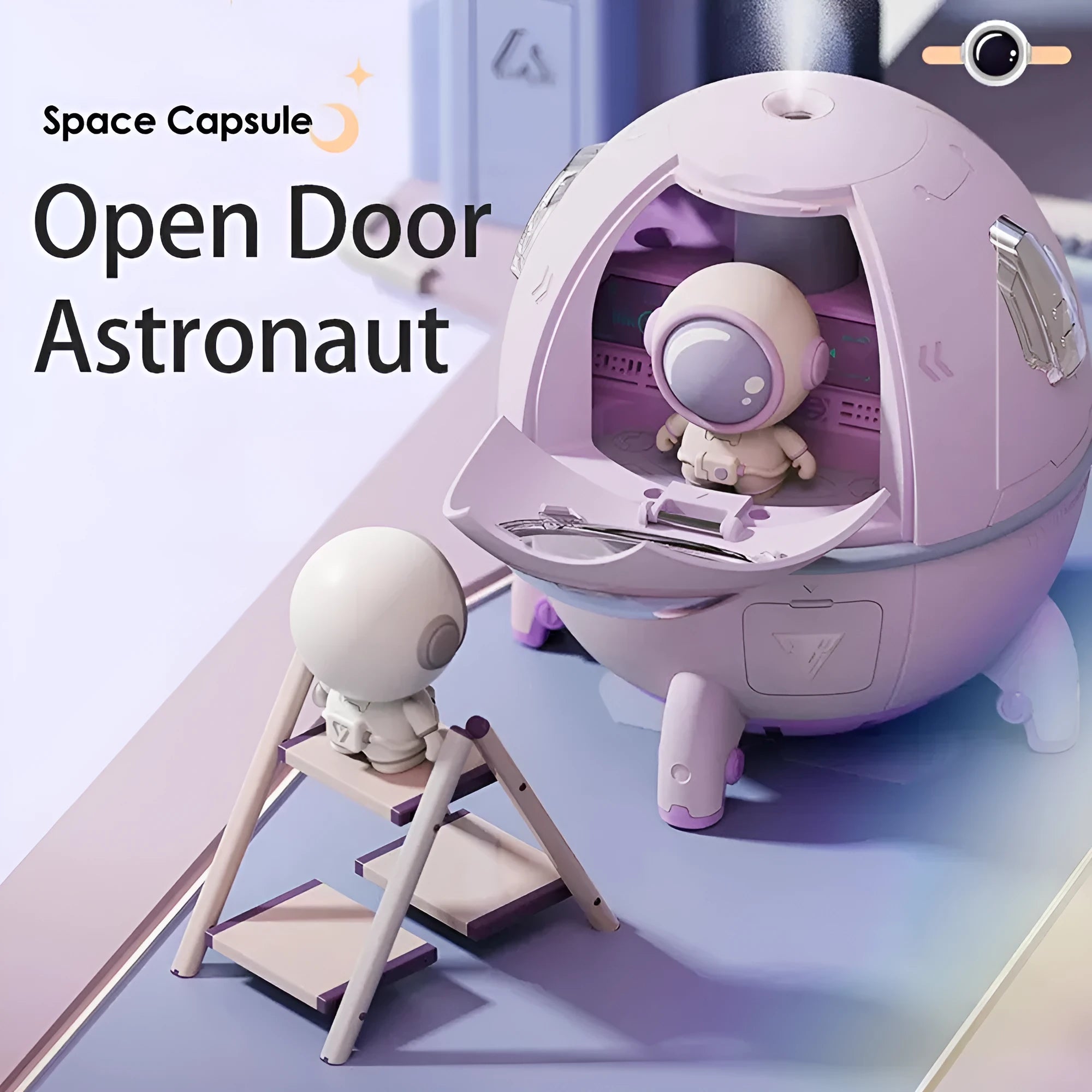 Light purple astronaut-shaped USB desktop humidifier with colourful LED light on a desk.