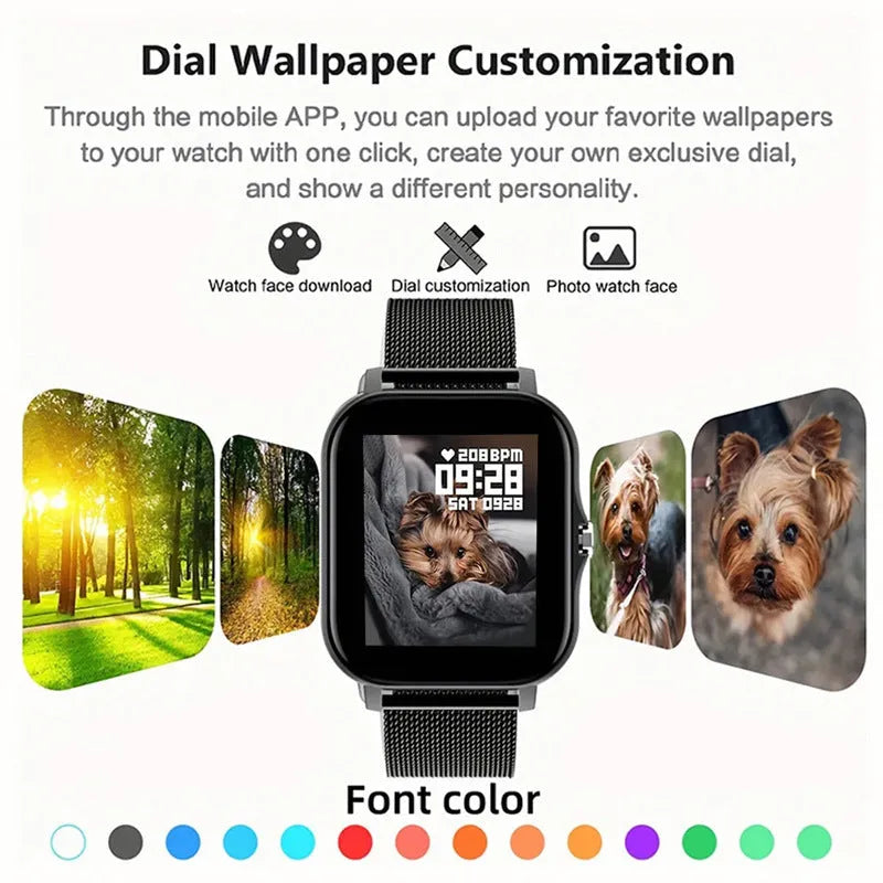 A smartwatch with a 1.44-inch screen showing a fitness stat interface, on a silicone strap.