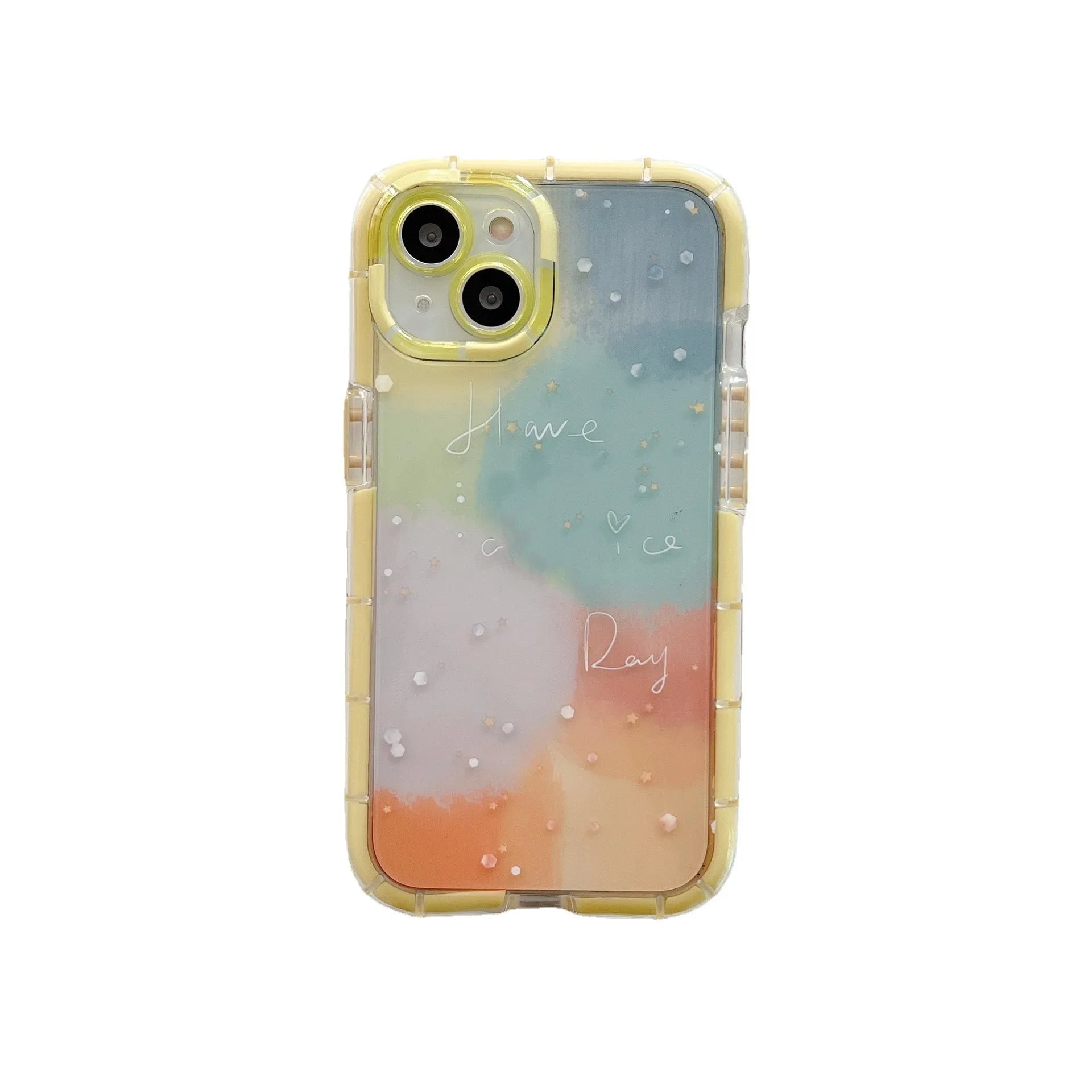 Minimalist two-tone silicone iPhone case with a yellow edge, shown on a phone.