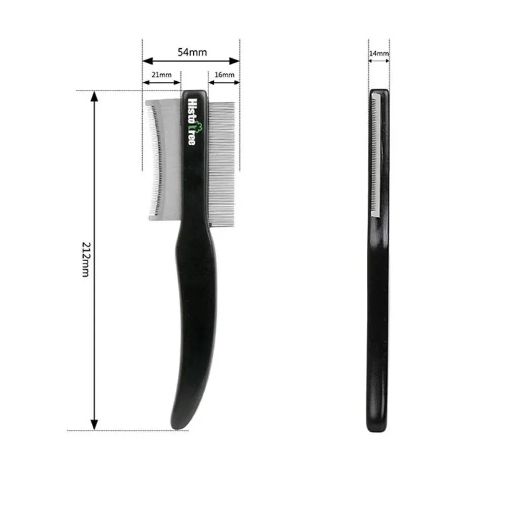 Black wood-handled pet grooming comb with double-sided stainless steel teeth for cat and dog grooming