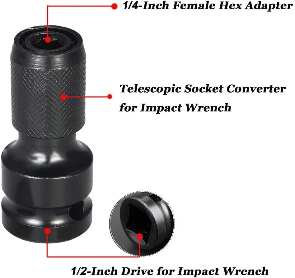 Scaling bit holder with telescopic sleeve for electric wrench square to hexagonal handle conversion