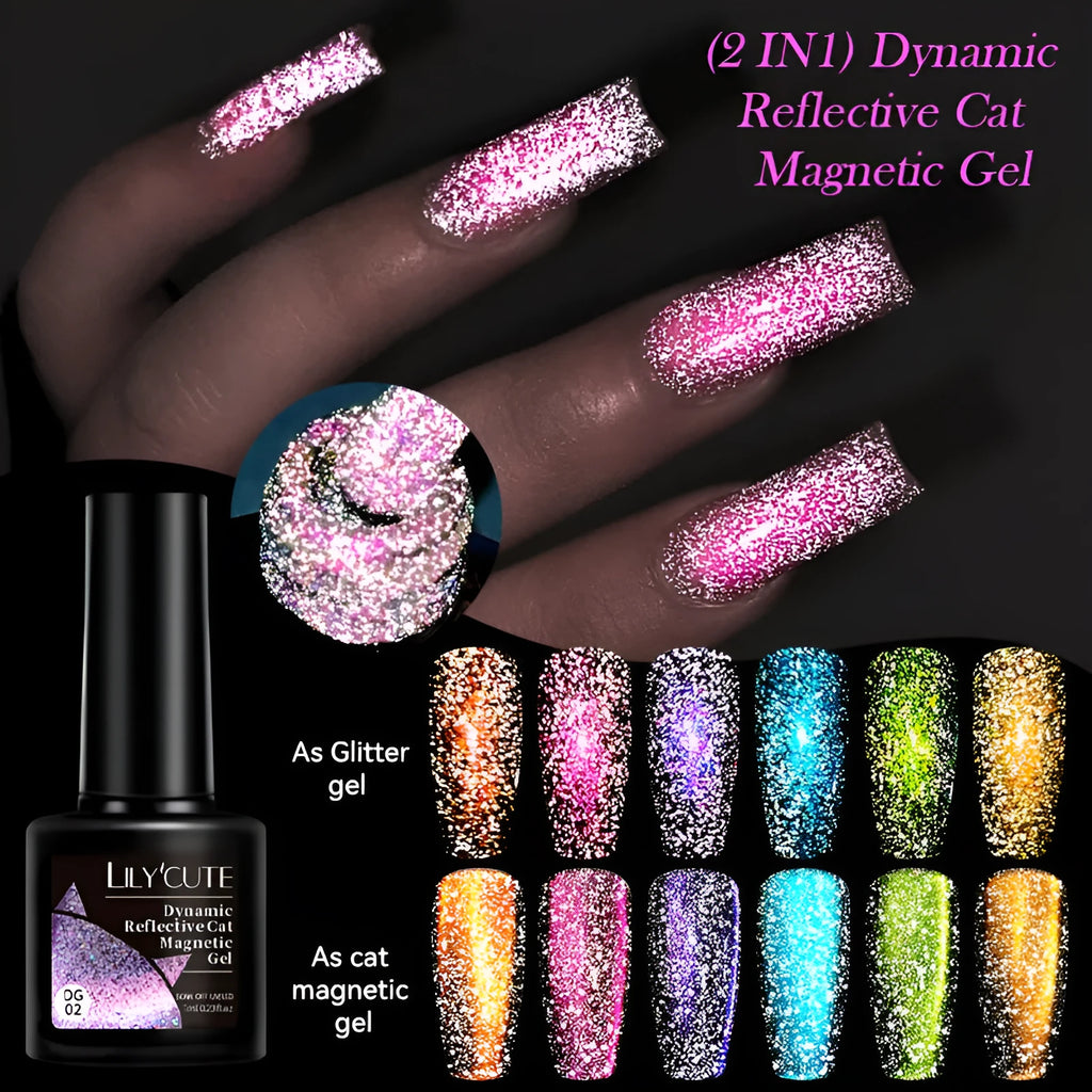 Bottle of Diamond In The Debris Cat Eye Series Nail Polish Gel showing glitter and diamond fragments, with six colour options displayed.