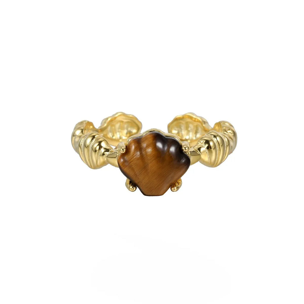 Adjustable silver ring with natural white shell and tiger eye detail, shown in white gold and 18K gold electroplated finishes.