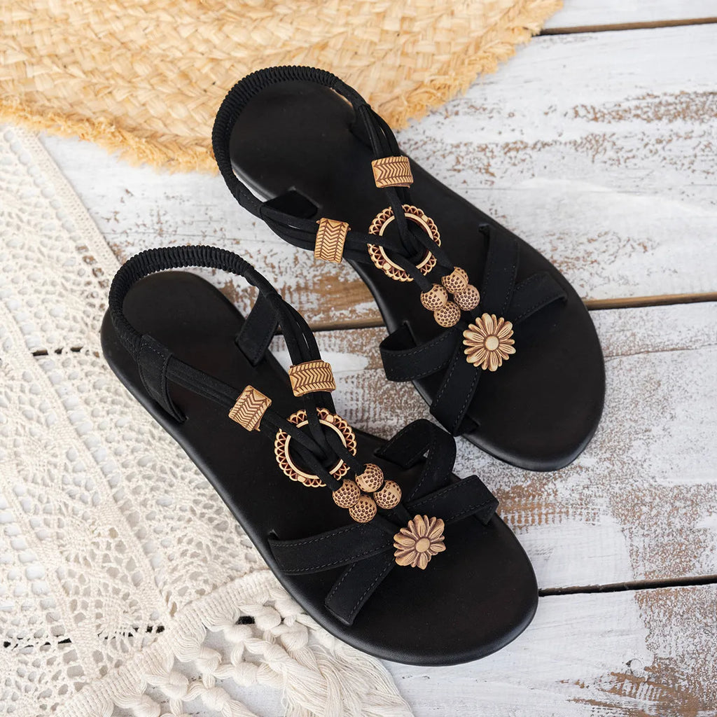 Black ethnic-style women's flat beach sandals with beaded weave decoration and open toe design