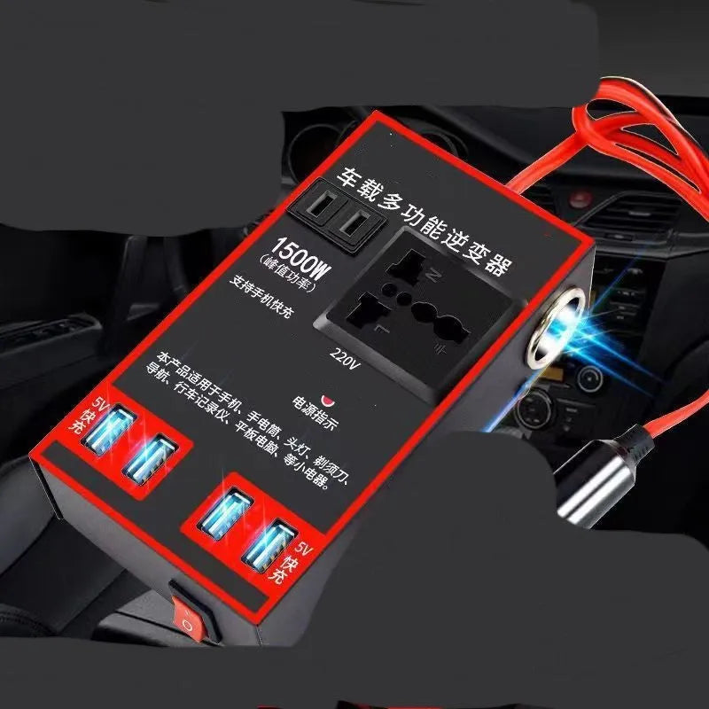 Black automotive power converter that converts 12V or 24V car battery power to 220V AC household electricity