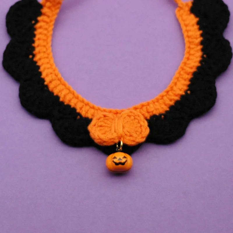 Hand crocheted wool Halloween pet collar with adjustable sizing for cats and dogs