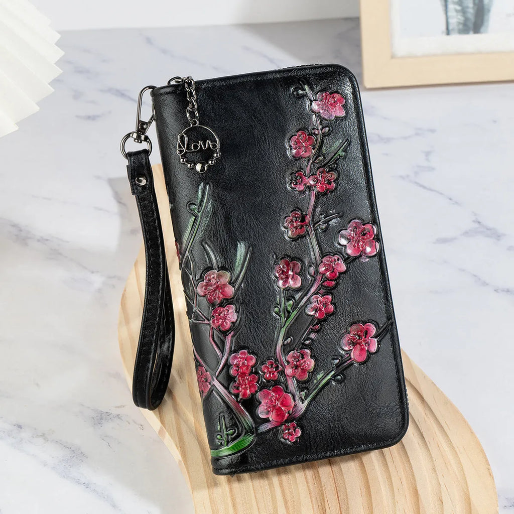Chinese style embossed hand-painted floral pattern handbag with zipper closure in black colour