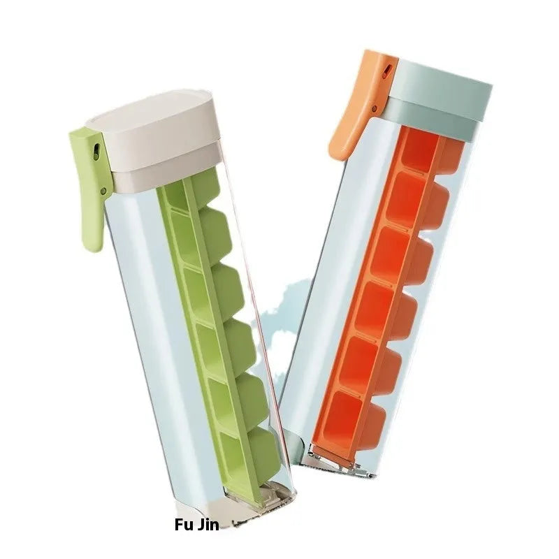 Flexible ice cube tray in Maldives colour with one-touch release and storage box on white surface
