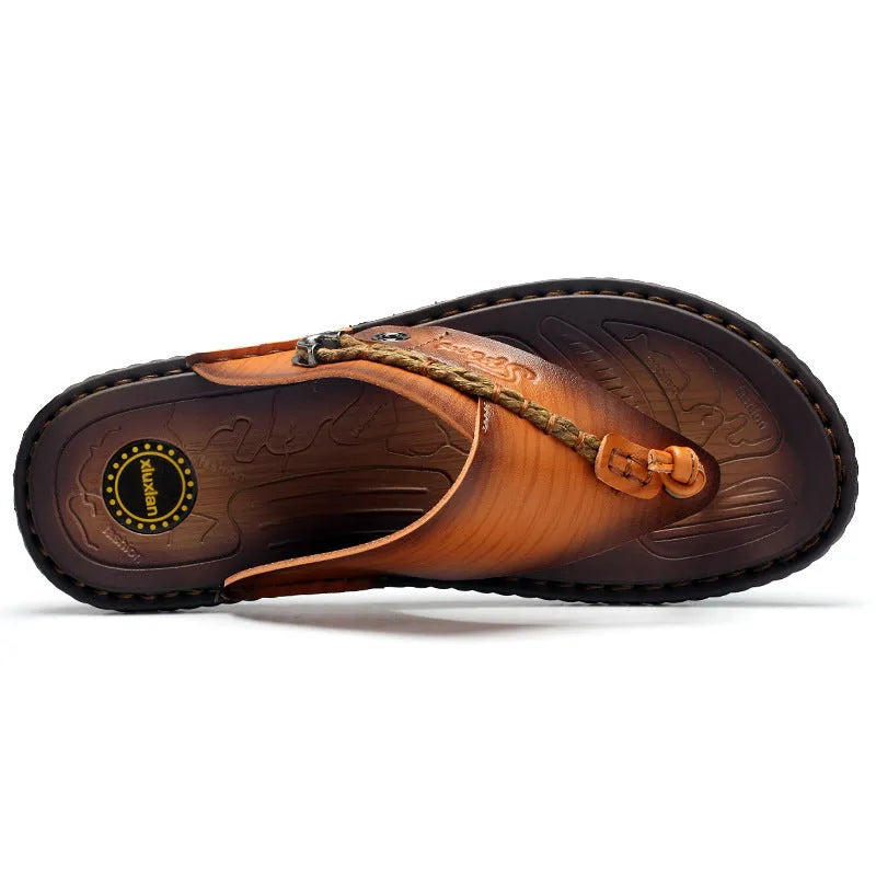 Men's dark blue herringbone textured outdoor slippers with a rubber sole, shown in a plus-size fit.