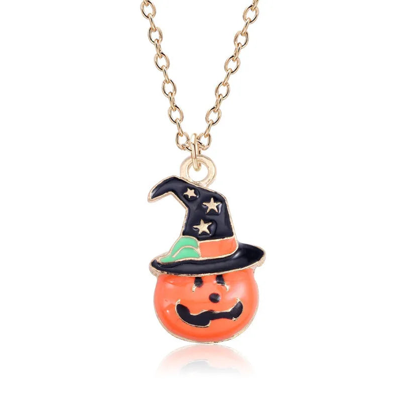 Halloween oil drop pumpkin cat pendant necklace on adjustable 45 plus 5cm alloy chain with electroplated finish